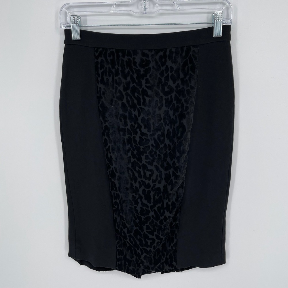 Ann‎ Taylor Women's Black Leopard Velvet Panel Pencil Skirt Size 0